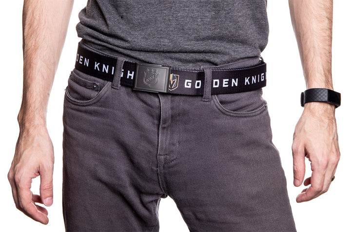 NHL Mens Woven Adjustable Team Logo Belt- Vegas Golden Knights- Man wearing belt front