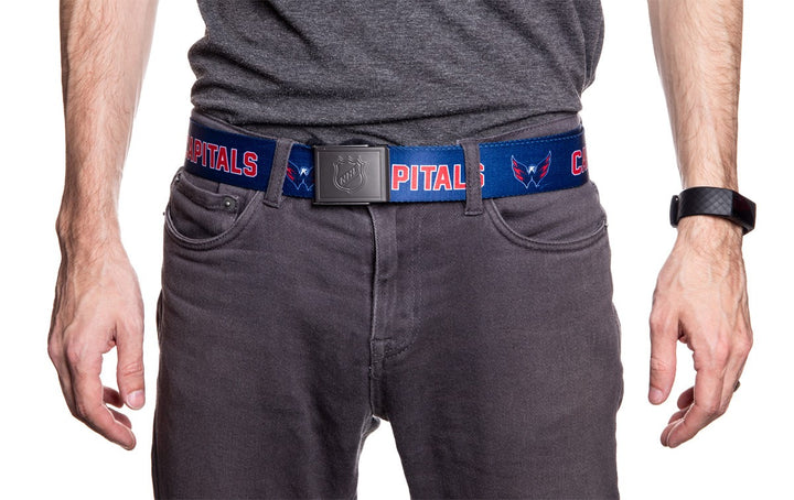 NHL Mens Woven Adjustable Team Logo Belt- Washington Capitals - Man wearing belt front