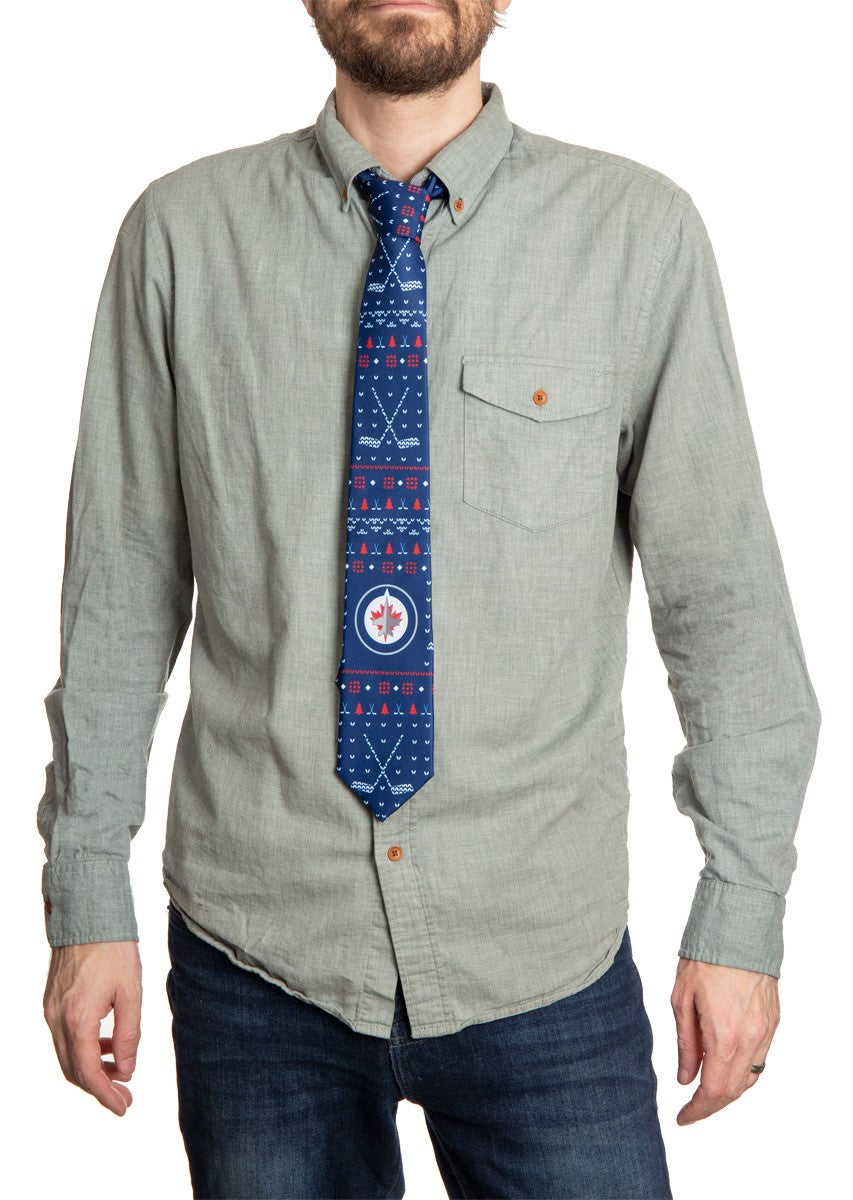 Winnipeg Jets Ugly Christmas Tie Modeled.