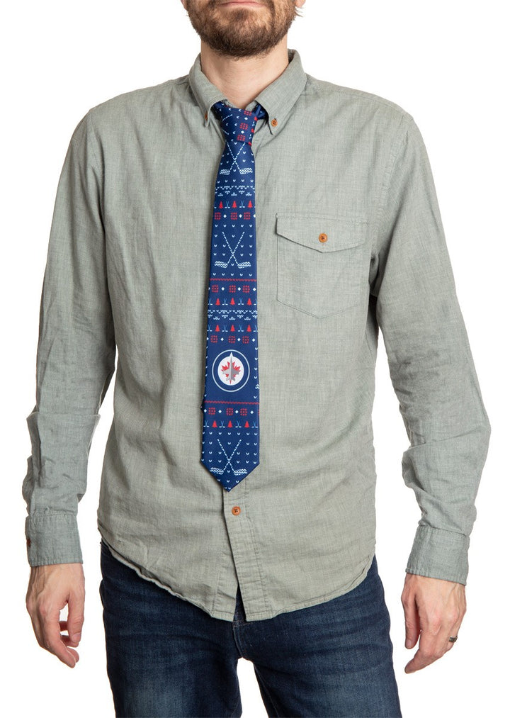 Winnipeg Jets Ugly Christmas Tie Modeled.