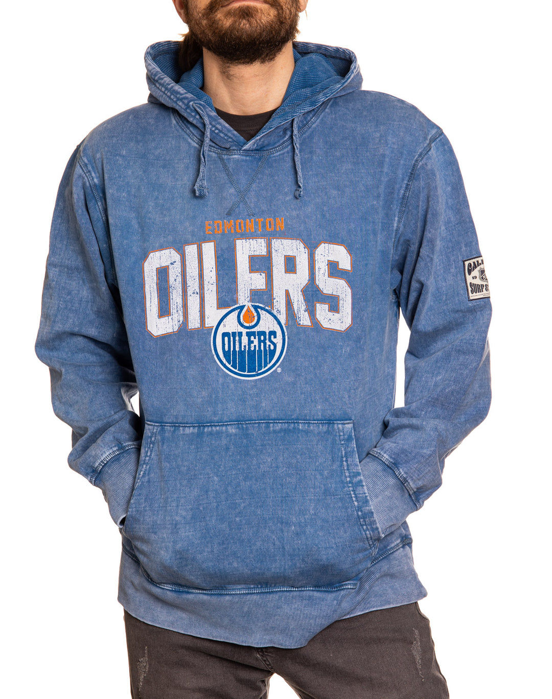 Official NHL licensed Edmonton Oilers Unisex Blue Acid Wash Hoodie