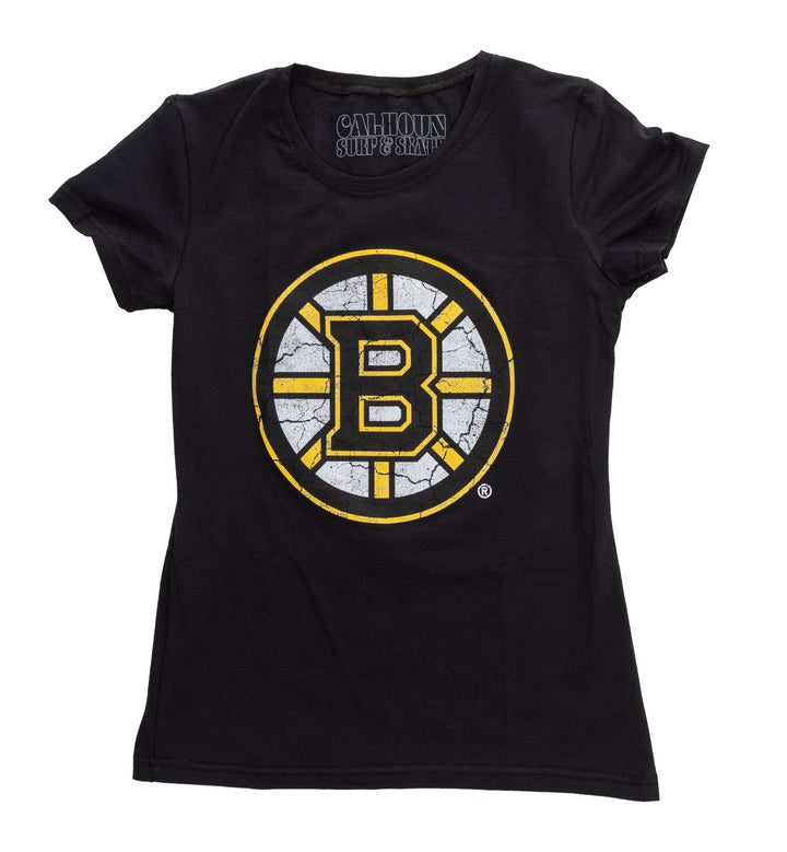 Boston Bruins Women's Distressed Print Fitted Crew Neck Premium T-Shirt - Black