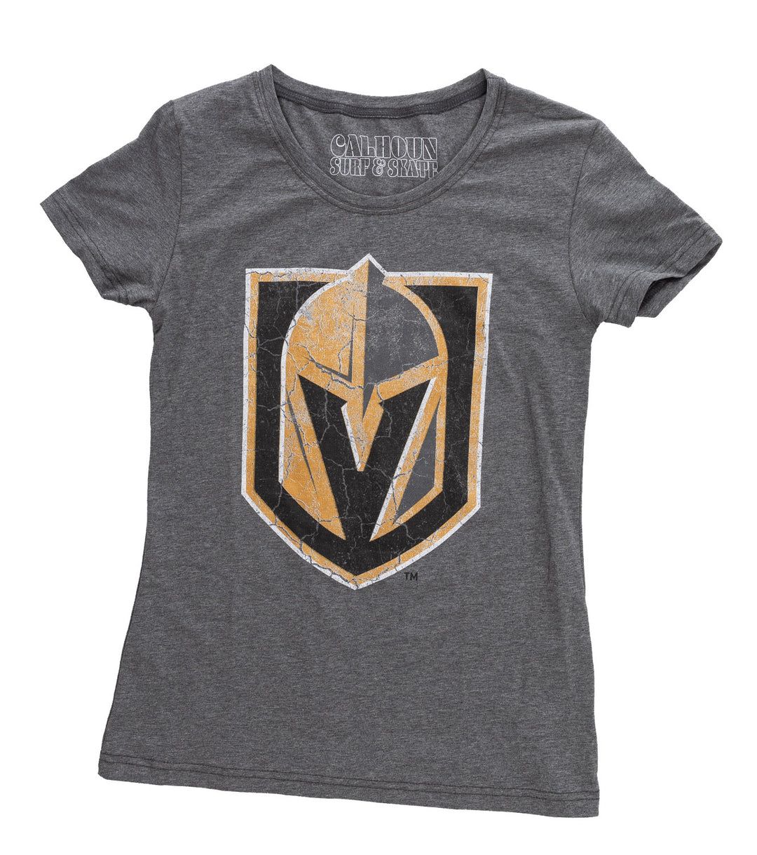Vegas Golden Knights Women's Distressed Print Fitted Crew Neck Premium T-Shirt - Charcoal