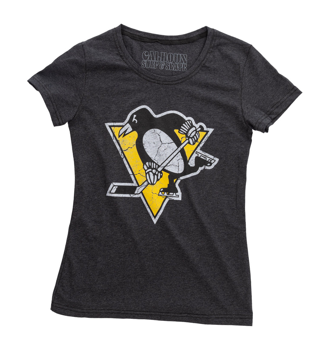 Pittsburgh Penguins Women's Distressed Print Fitted Crew Neck Premium T-Shirt - Black