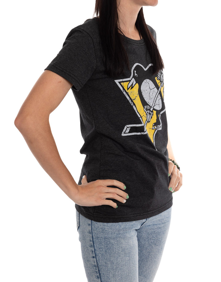 Pittsburgh Penguins Women's Distressed Print Fitted Crew Neck Premium T-Shirt - Black