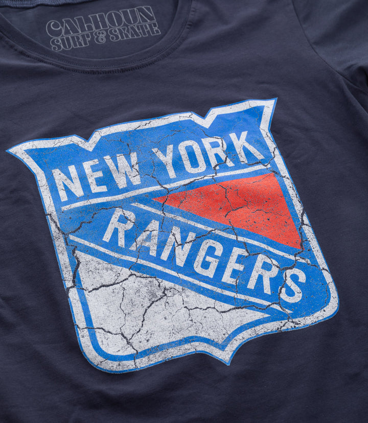 New York Rangers Women's Distressed Print Fitted Crew Neck Premium T-Shirt - Navy