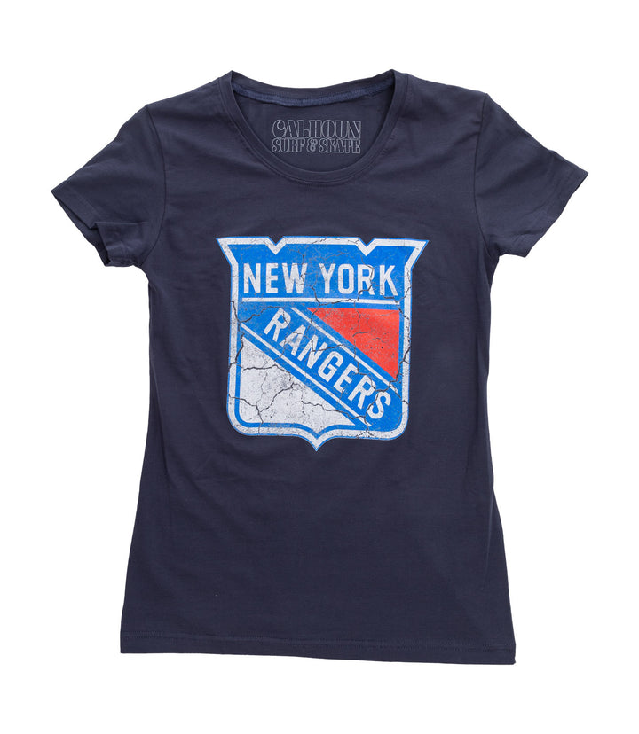 New York Rangers Women's Distressed Print Fitted Crew Neck Premium T-Shirt - Navy