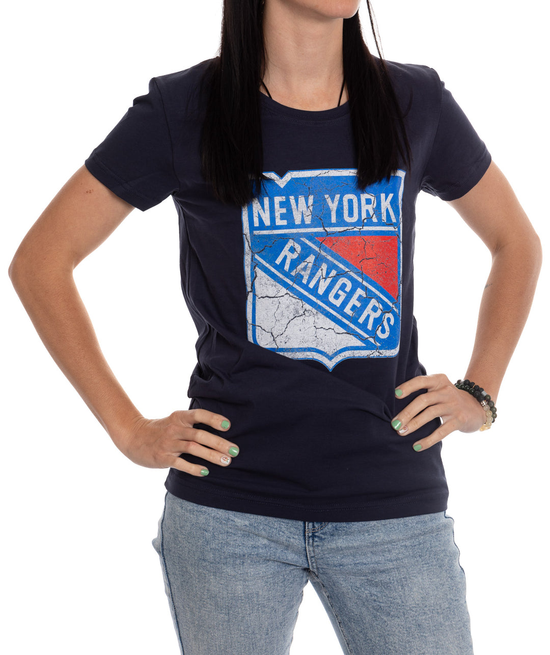 New York Rangers Women's Distressed Print Fitted Crew Neck Premium T-Shirt - Navy