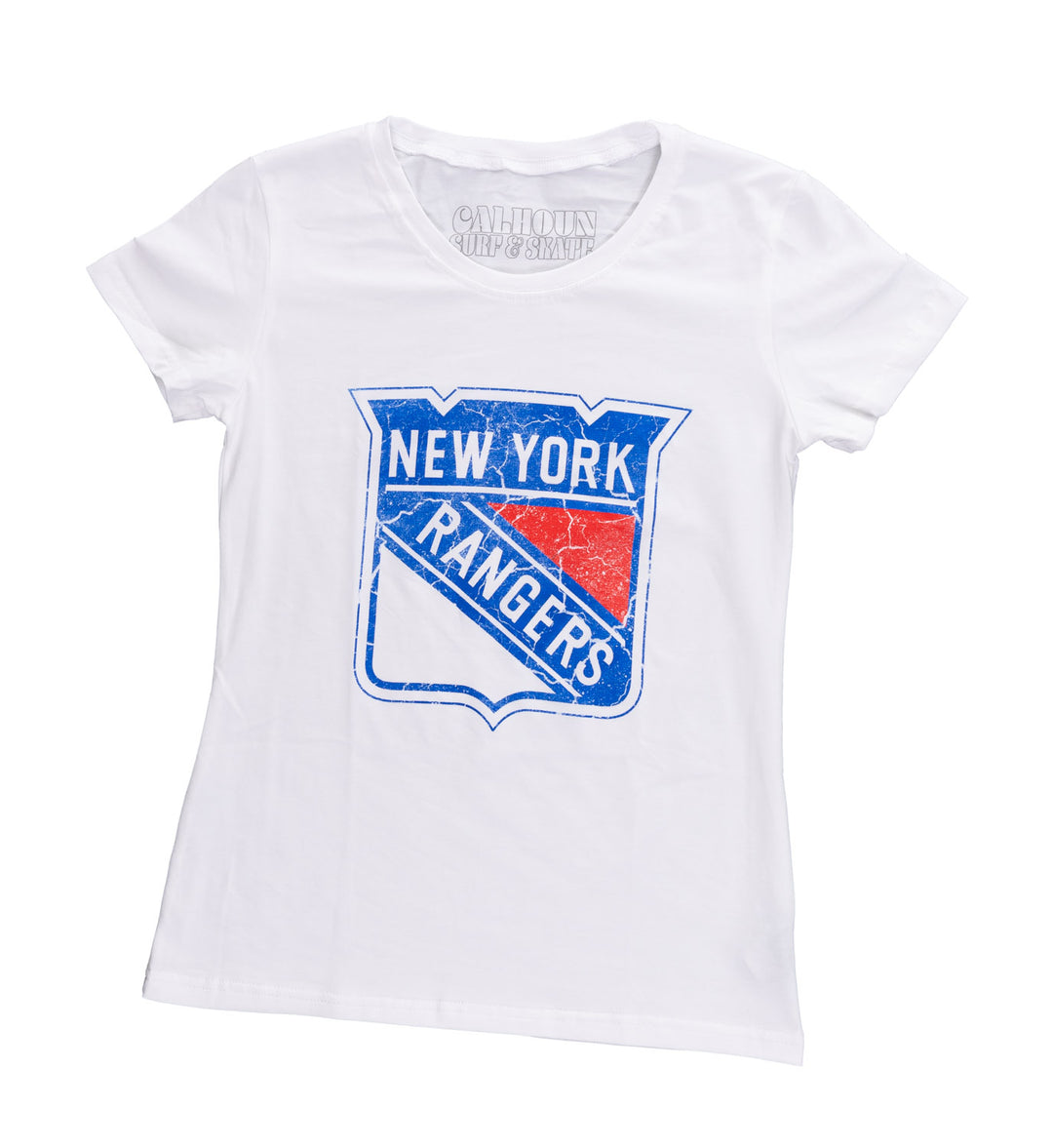 New York Rangers Women's Distressed Print Fitted Crew Neck Premium T-Shirt - White
