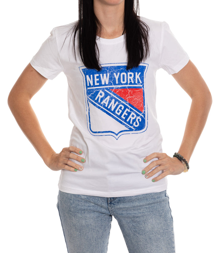 New York Rangers Women's Distressed Print Fitted Crew Neck Premium T-Shirt - White