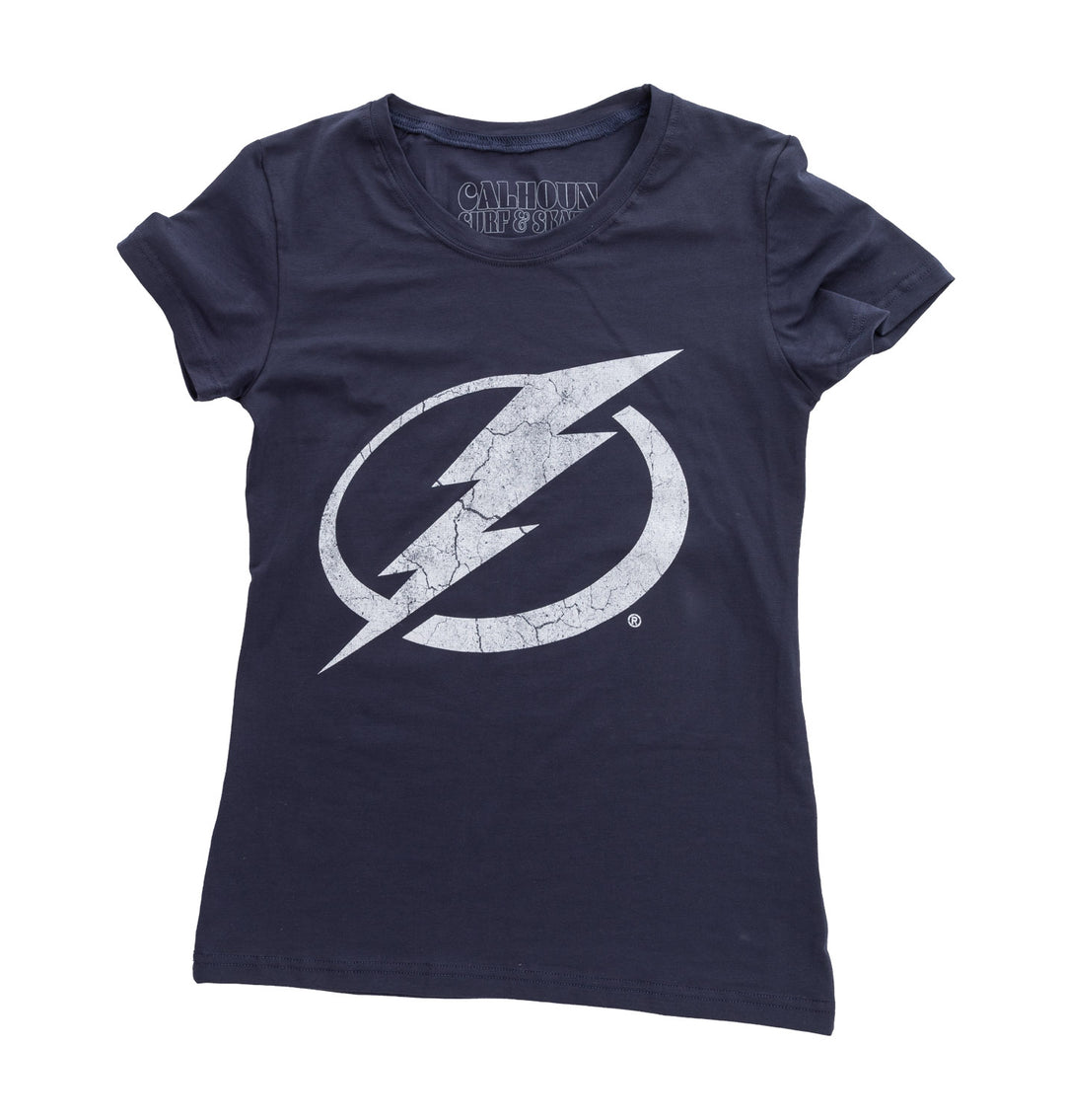 Tampa Bay Lightning Women's Distressed Print Fitted Crew Neck Premium T-Shirt - Navy