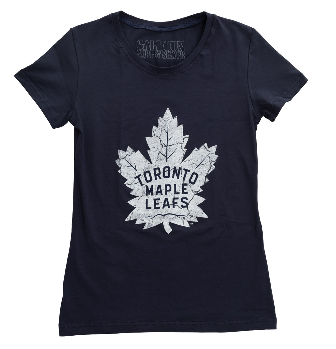 Toronto Maple Leafs Women's Distressed Print Fitted Crew Neck Premium T-Shirt - Navy