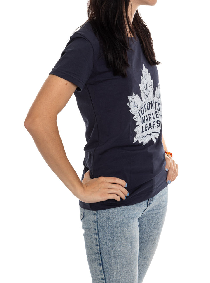 Toronto Maple Leafs Women's Distressed Print Fitted Crew Neck Premium T-Shirt - Navy