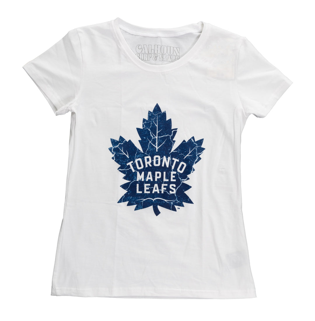 Toronto Maple Leafs Women's Distressed Print Fitted Crew Neck Premium T-Shirt - White