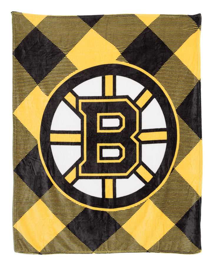 Boston Bruins NHL Ultra-Plush Flannel Plaid Throw Blanket (50" by 60")