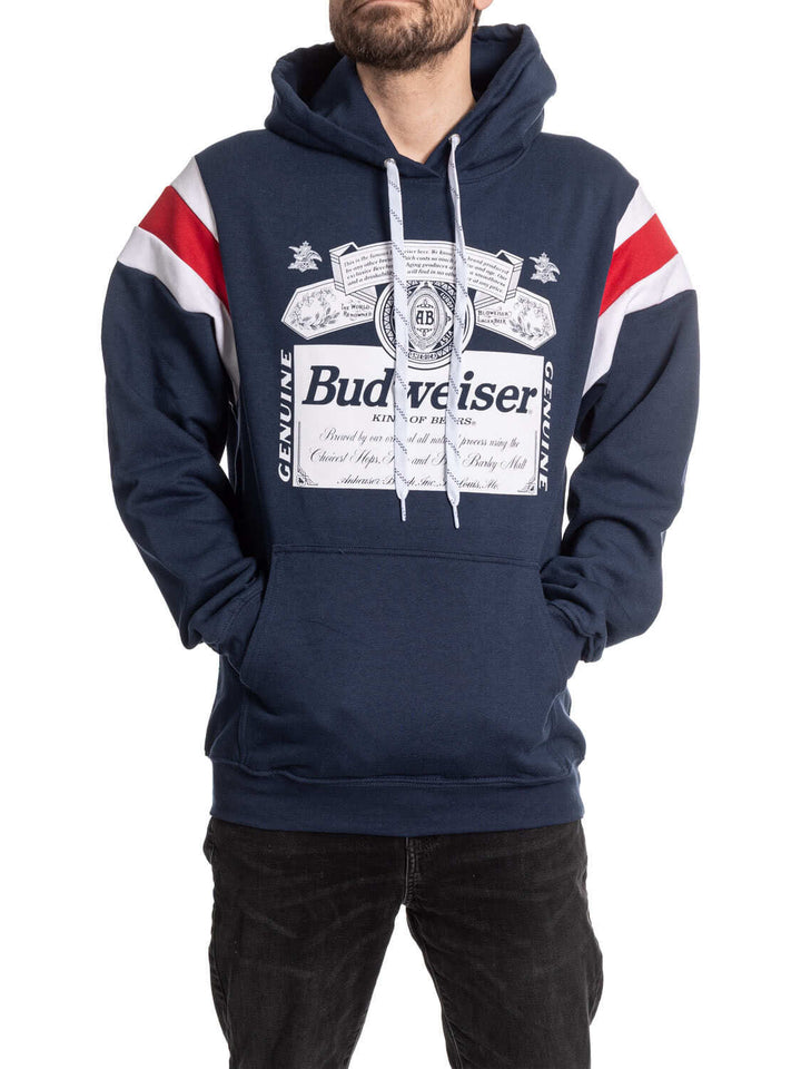 Budweiser Genuine Label Hoodie – Navy Varsity Pullover Sweatshirt