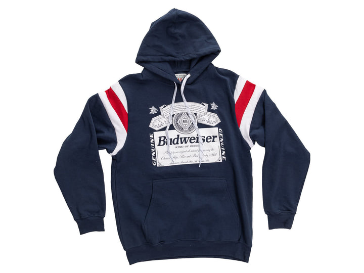 Budweiser Genuine Label Hoodie – Navy Varsity Pullover Sweatshirt