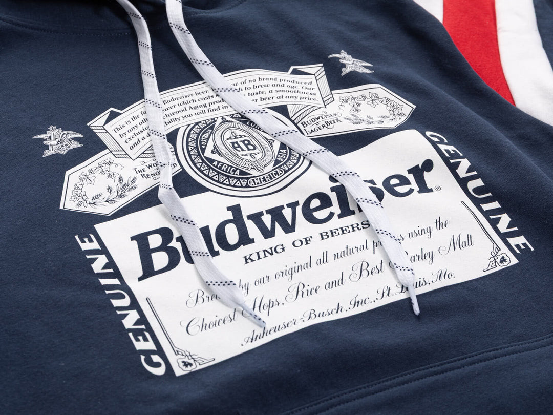 Budweiser Genuine Label Hoodie – Navy Varsity Pullover Sweatshirt