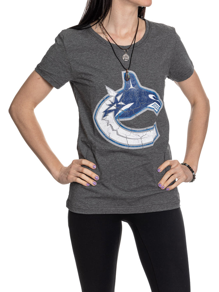 Vancouver Canucks Women's Distressed Print Fitted Crew Neck Premium T-Shirt - Charcoal