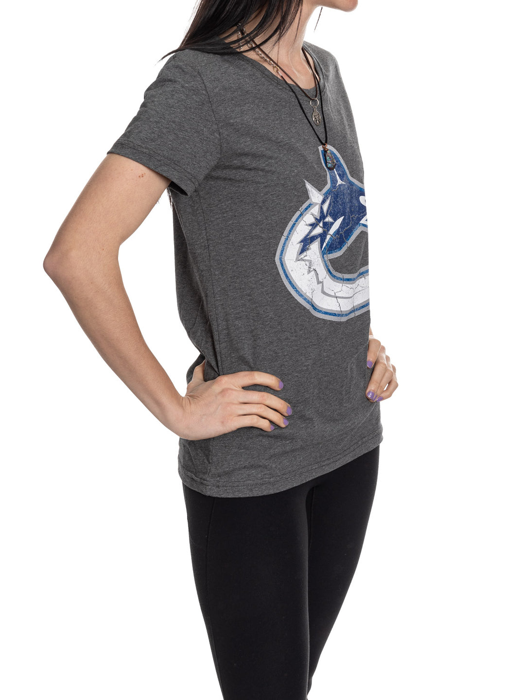 Vancouver Canucks Women's Distressed Print Fitted Crew Neck Premium T-Shirt - Charcoal