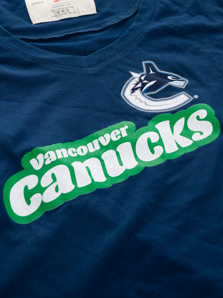 Official Licensed NHL Ladies' Retro Varsity Short Sleeve Vneck Tshirt--Vancouver Canucks