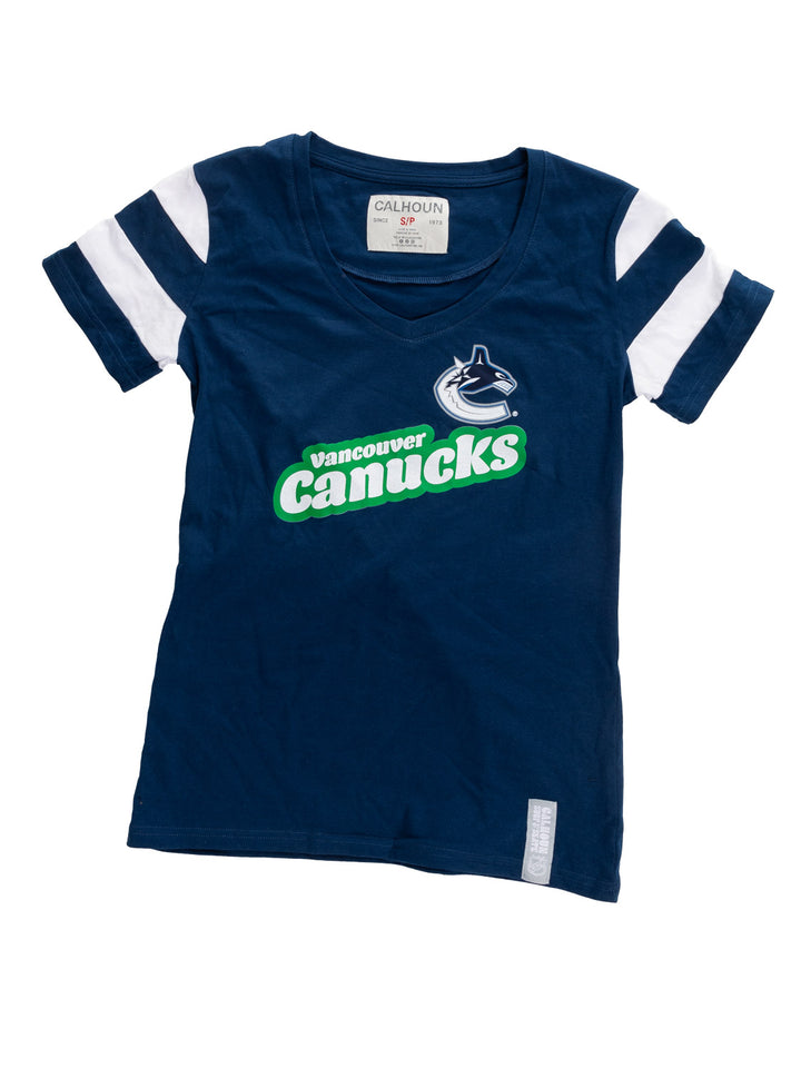 Official Licensed NHL Ladies' Retro Varsity Short Sleeve Vneck Tshirt--Vancouver Canucks