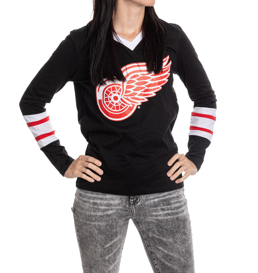 Detroit Red Wings Women's V-Neck Varsity Long Sleeve Shirt