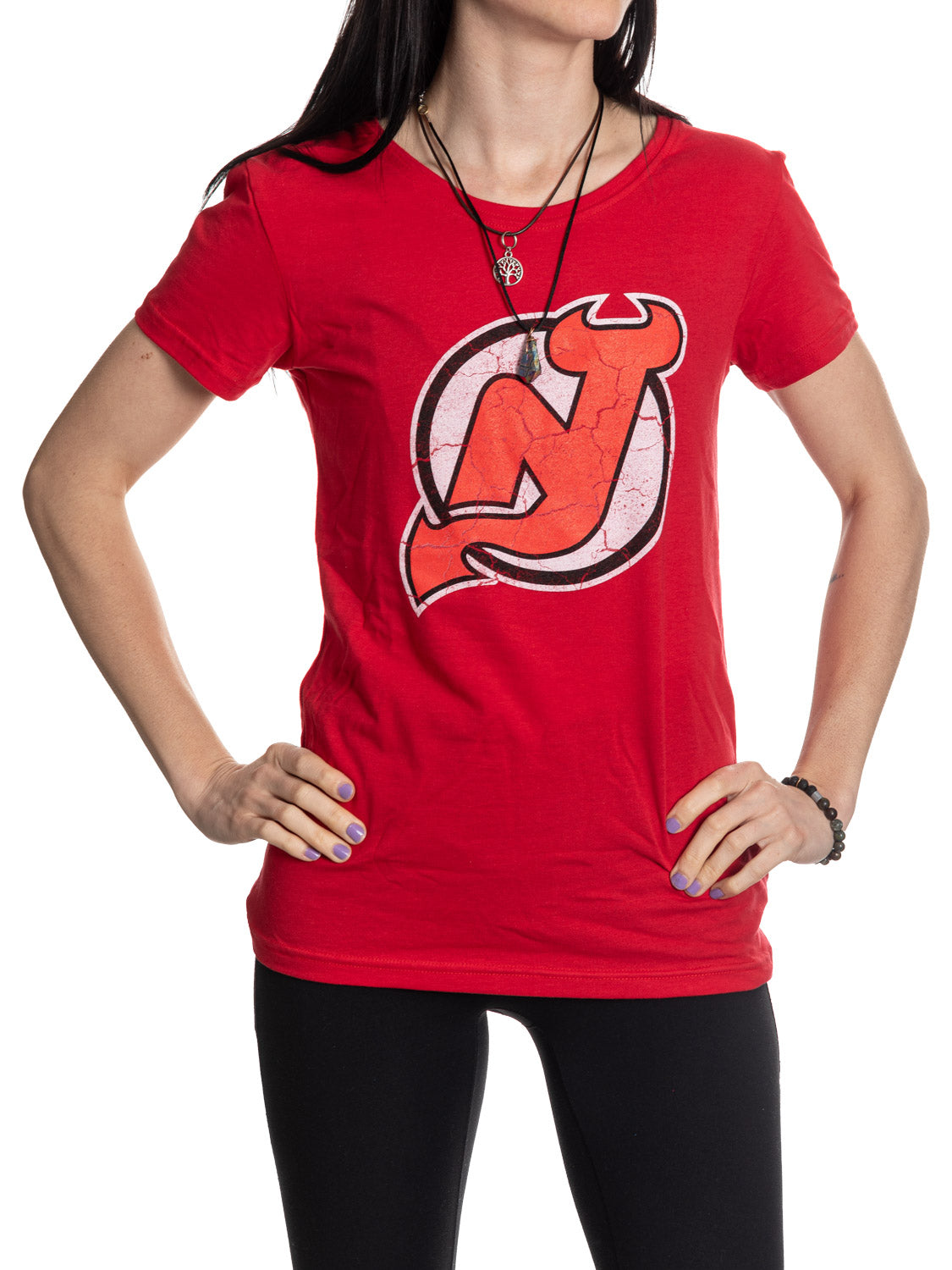 New Jersey Devils Women s Distressed Print Fitted Crew Neck Premium T Shirt Red