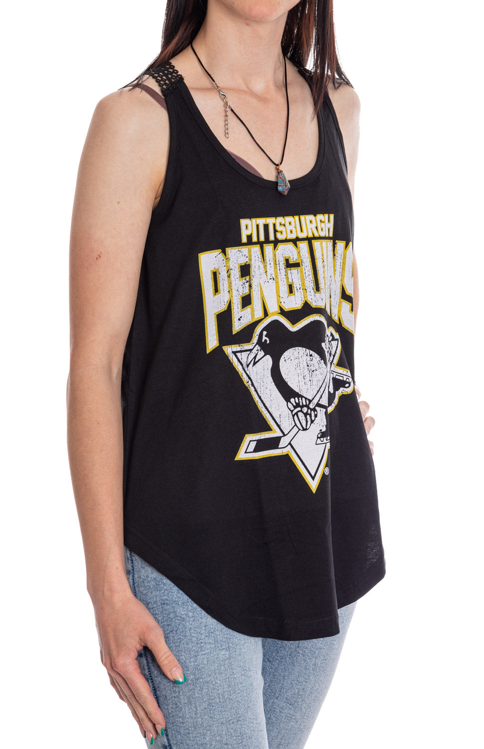 Pittsburgh Penguins Ladies "Distressed" Lace Flowy Tank Top