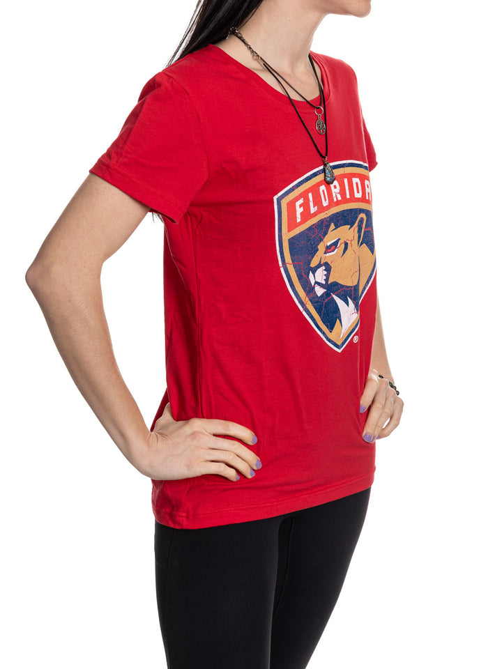 Florida Panthers Women's Distressed Print Fitted Crew Neck Premium T-Shirt - Red