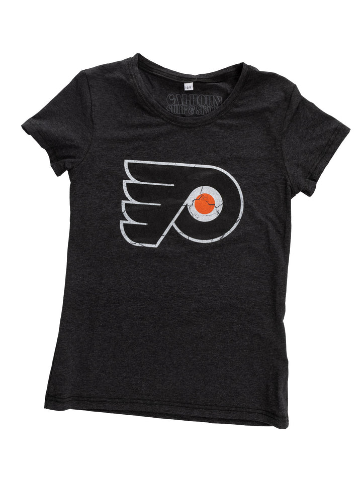 Philadelphia Flyers Women's Distressed Print Fitted Crew Neck Premium T-Shirt - Black