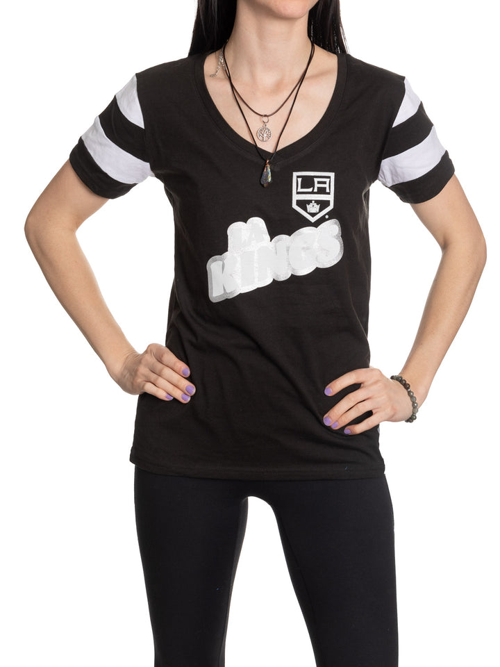 Official Licensed NHL Ladies' Retro Varsity Short Sleeve Vneck Tshirt--LosAngeles Kings