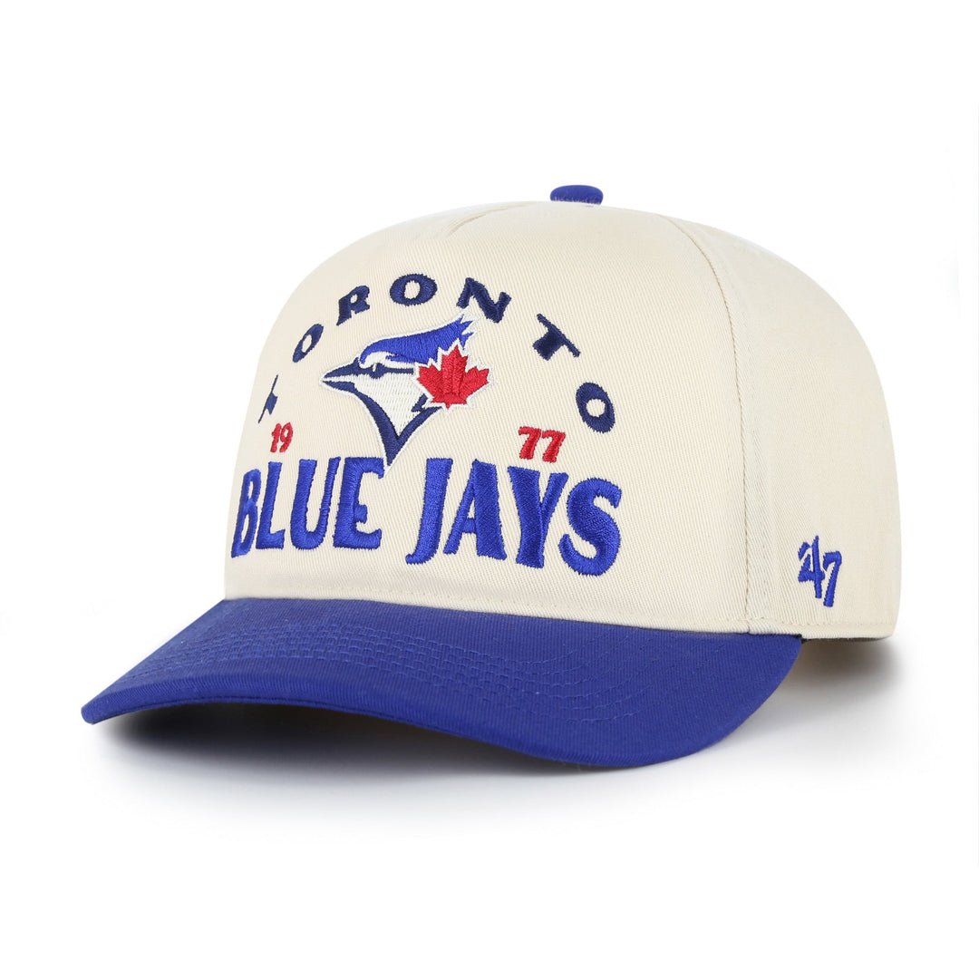 Toronto Blue Jays Arcitext '47 Hitch RF Snapback Cap in Natural/Royal, front view