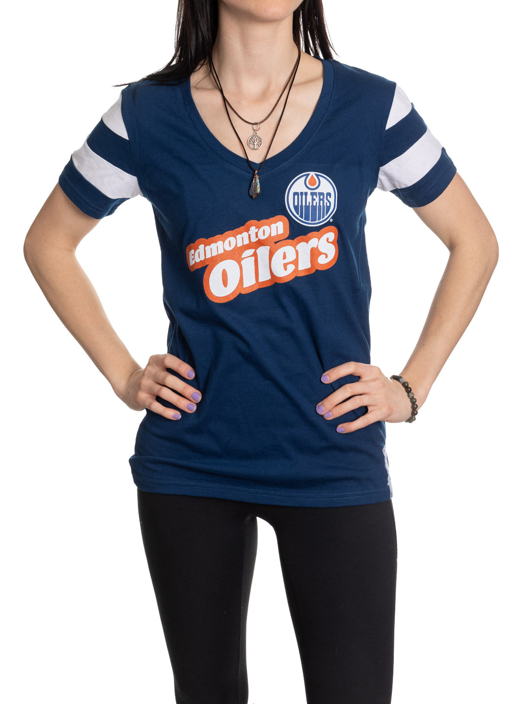 Official Licensed NHL Ladies' Retro Varsity Short Sleeve Vneck Tshirt--Edmonton Oilers