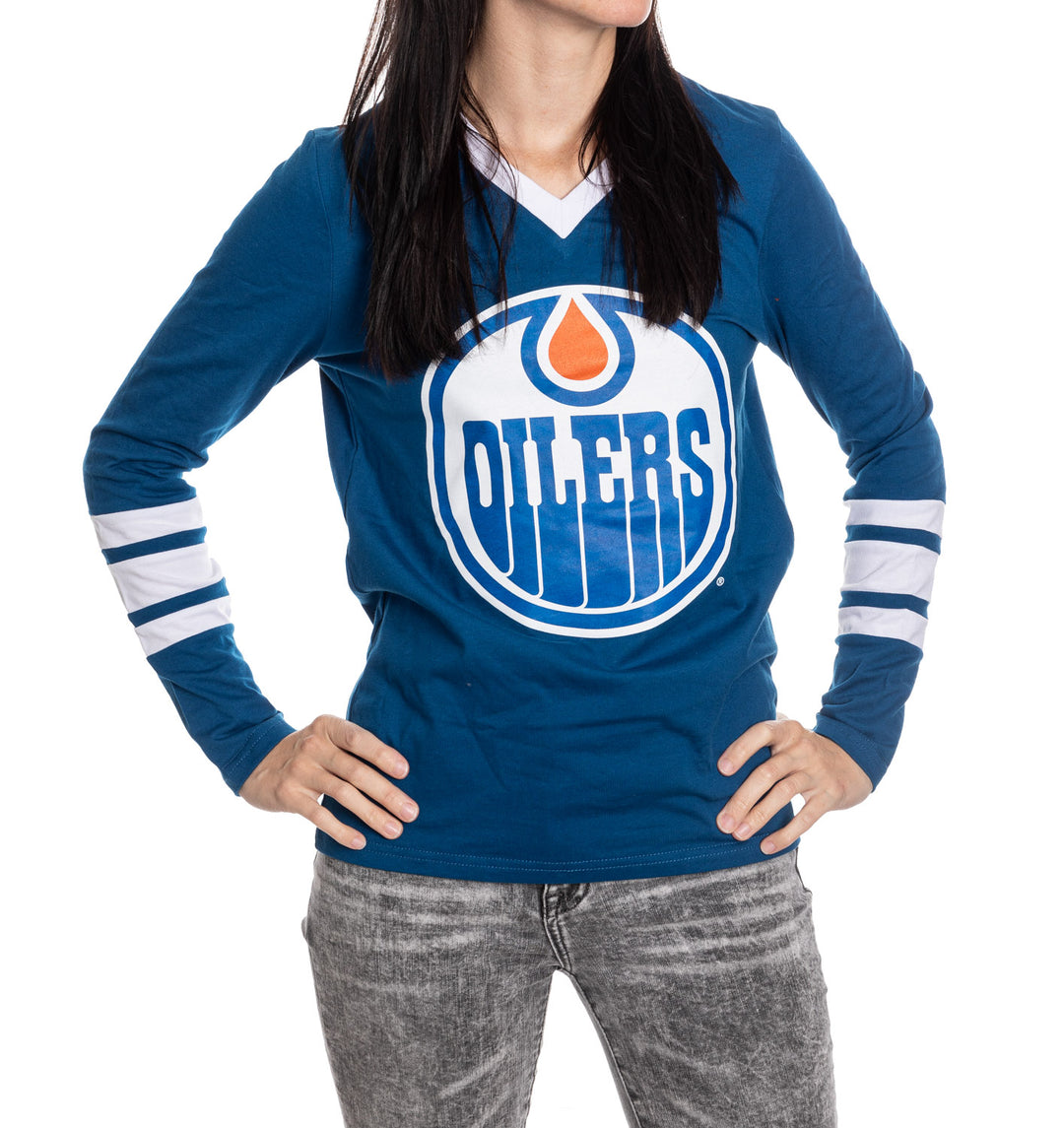 Edmonton Oilers Women's V-Neck Varsity Long Sleeve Shirt