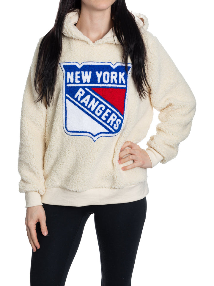 New York Rangers Ladies Sherpa Hoodie with Premium Chenille Logo