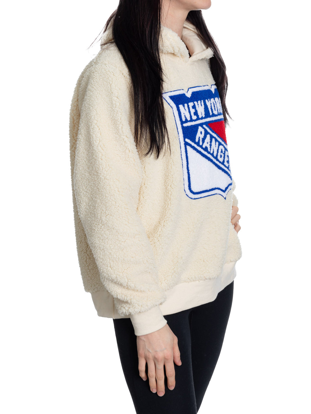 New York Rangers Ladies Sherpa Hoodie with Premium Chenille Logo