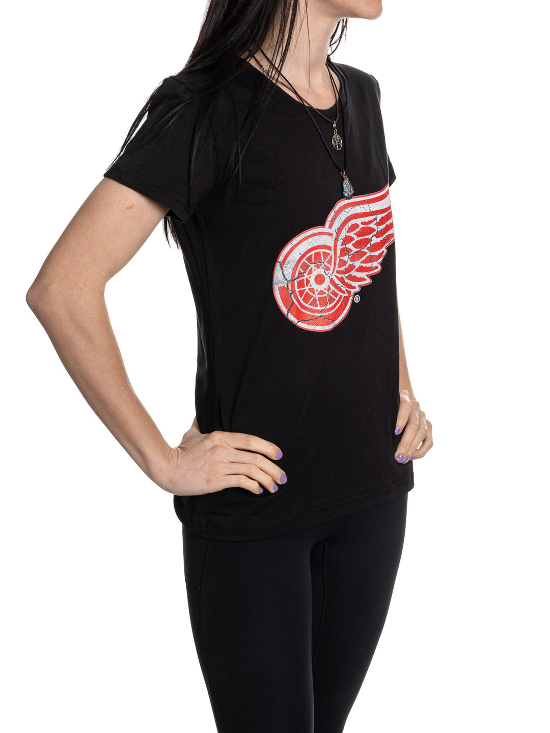 Detroit Red Wings Women's Distressed Print Fitted Crew Neck Premium T-Shirt - Black