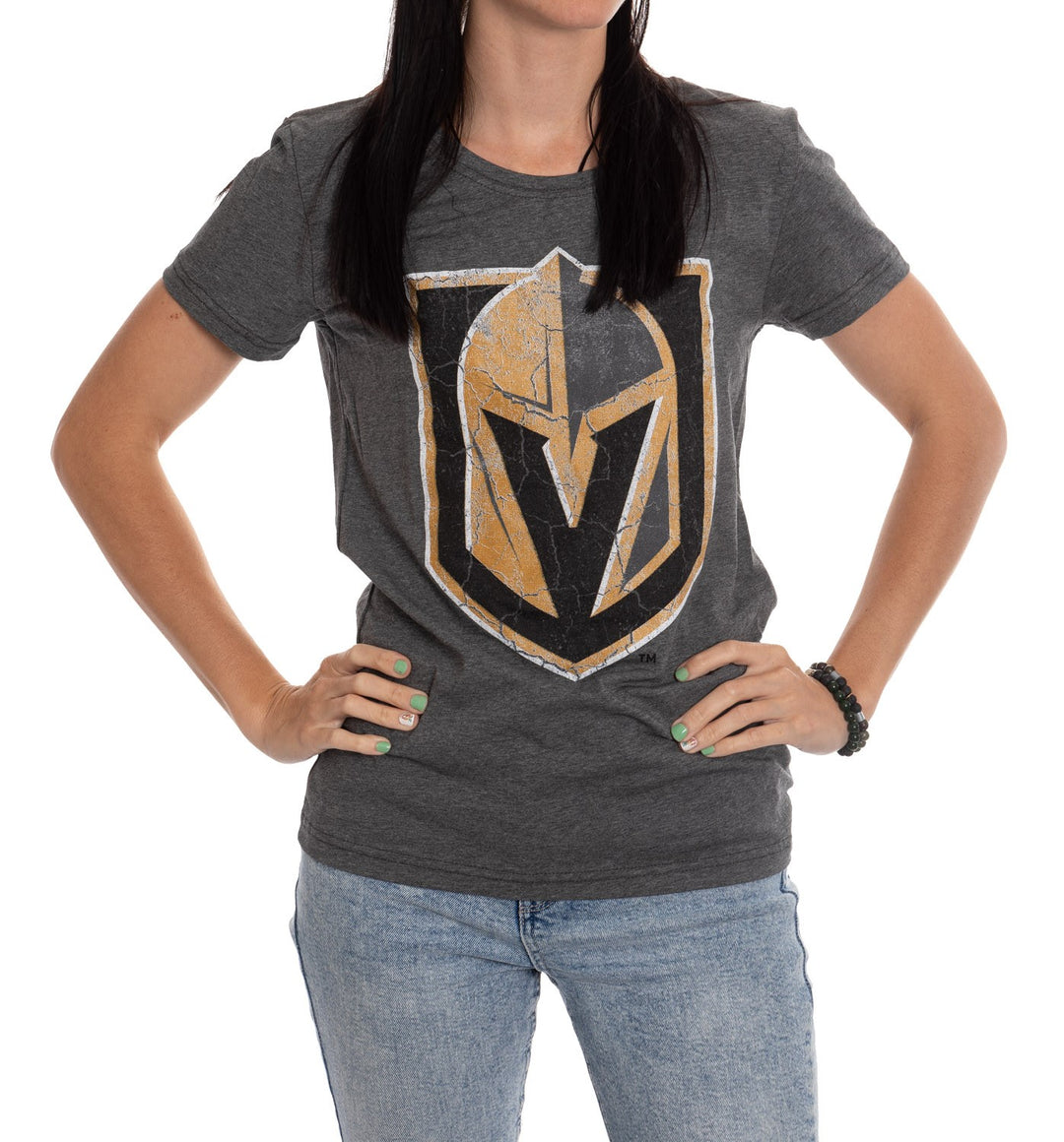 Vegas Golden Knights Women's Distressed Print Fitted Crew Neck Premium T-Shirt - Charcoal