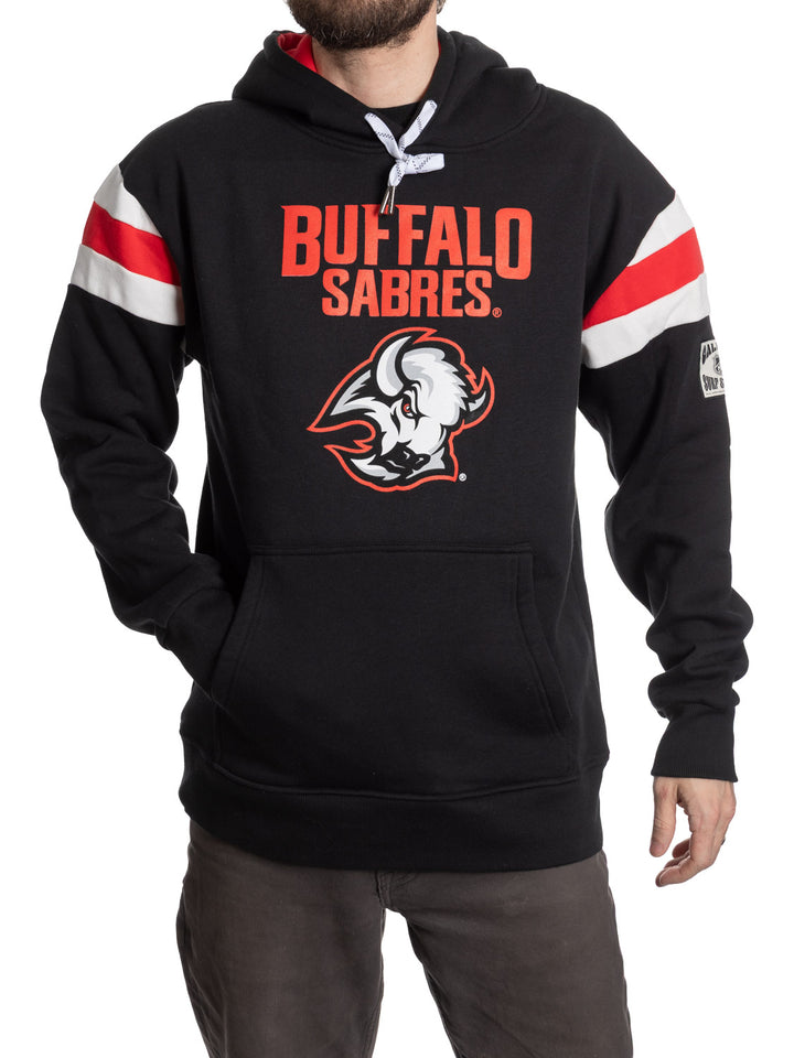 Black hoodie with Buffalo Sabres logo and text on a white background