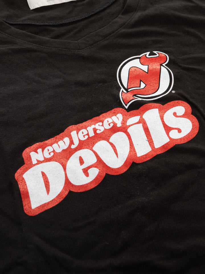 Official Licensed NHL Ladies' Retro Varsity Short Sleeve Vneck Tshirt--New Jersey Devils