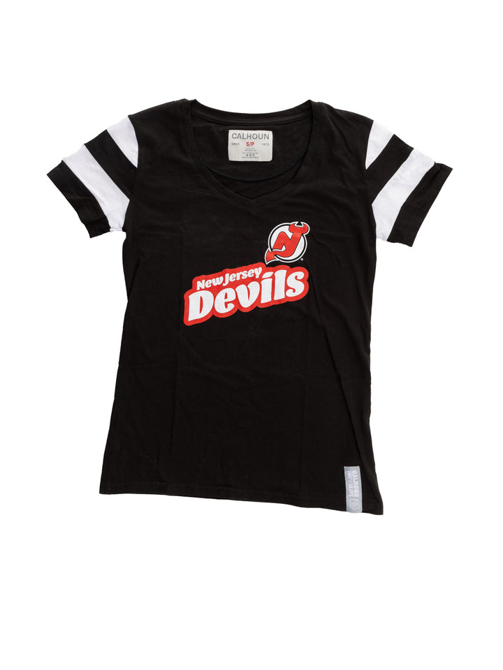 Official Licensed NHL Ladies' Retro Varsity Short Sleeve Vneck Tshirt--New Jersey Devils
