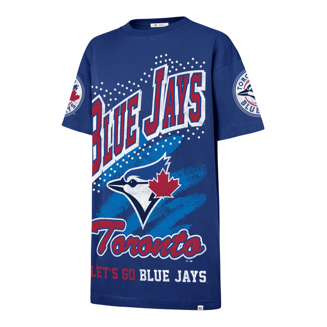 Women's Toronto Blue Jays Gemstone Swash '47 T-Shirt Dress in Navy, front view