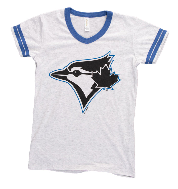 Bulletin MLB Toronto Blue Jays Women's Black Logo Tri-Blend V-Neck Striped Sleeve T-Shirt