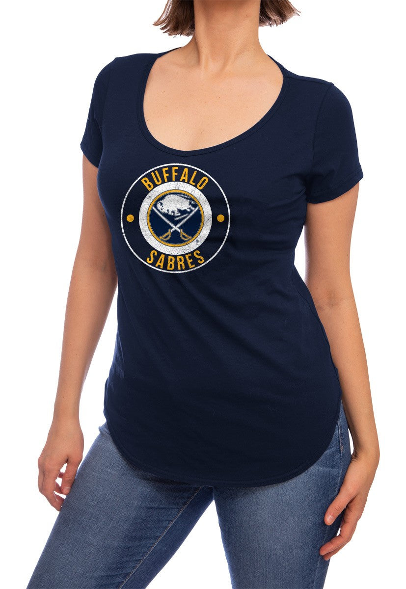 NHL ladies V Neck Short Sleeve Casual Tunic T-Shirt- Buffalo Sabres Front Model