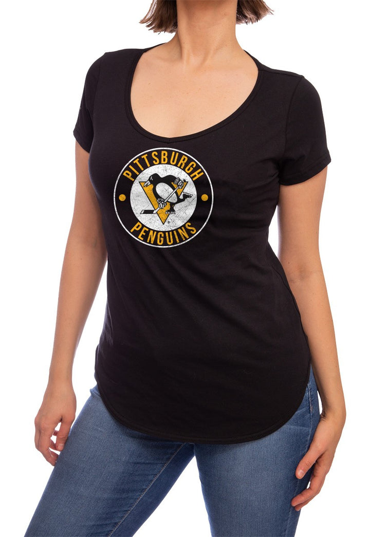 NHL ladies V Neck Short Sleeve Casual Tunic T-Shirt- Pittsburgh Penguins Front