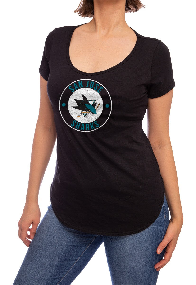 NHL ladies V Neck Short Sleeve Casual Tunic T-Shirt-San Jose Sharks Front