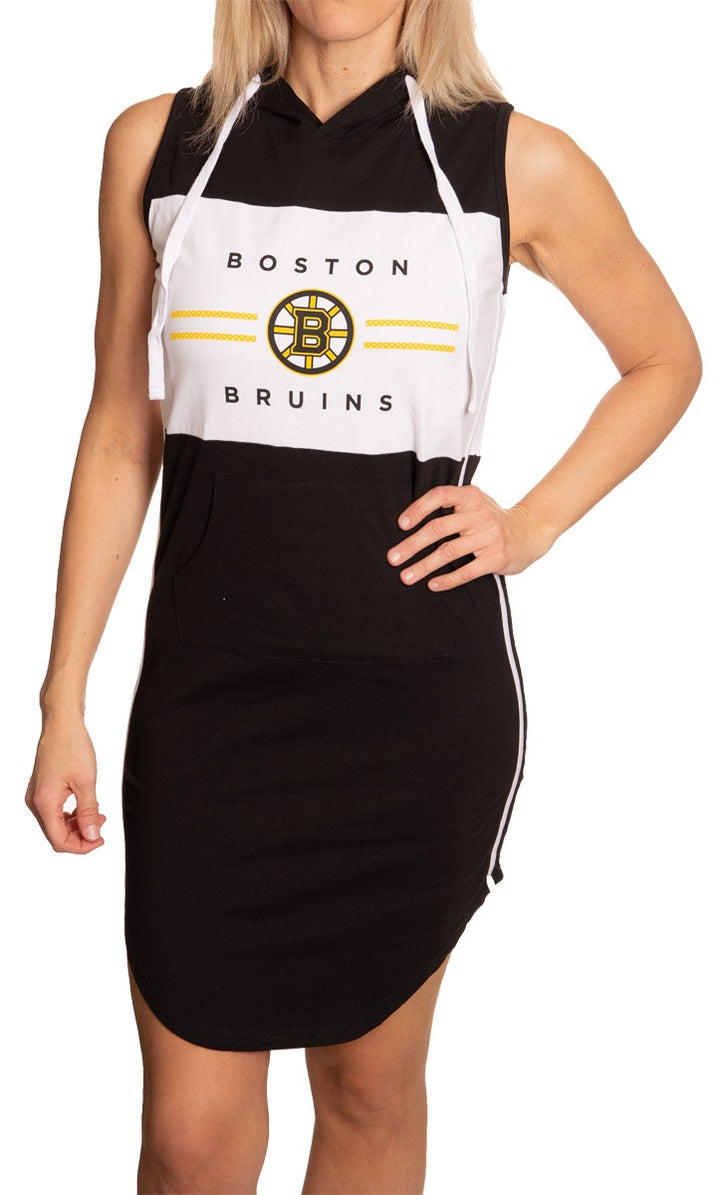 Ladies NHL Side Stripe  Casual Pullover Sleeveless Hoodie Dress- Boston Bruins Front View Full Length View