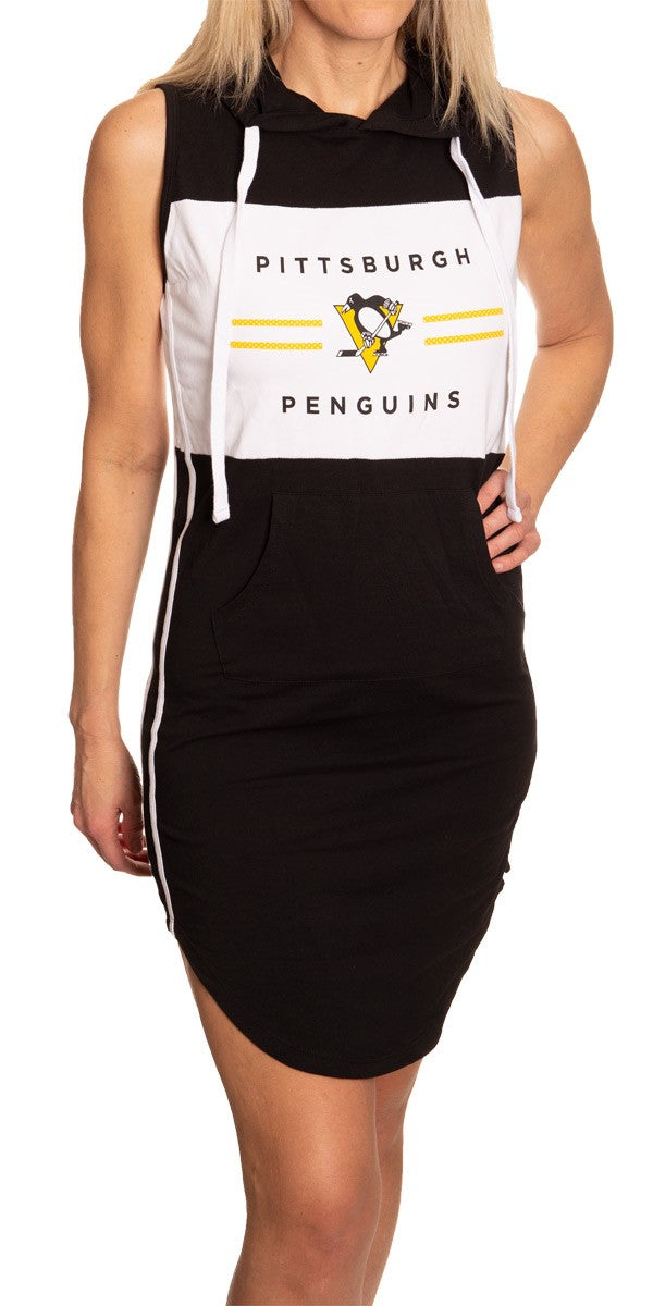 Ladies NHL Side Stripe Casual Pullover Sleeveless Hoodie Dress- Pittsburgh Penguins Full Front View With Team Logo