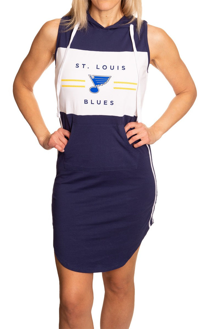 Ladies NHL Side Stripe Casual Pullover Sleeveless Hoodie Dress- St. Louis Blues Full Front View With Logo 